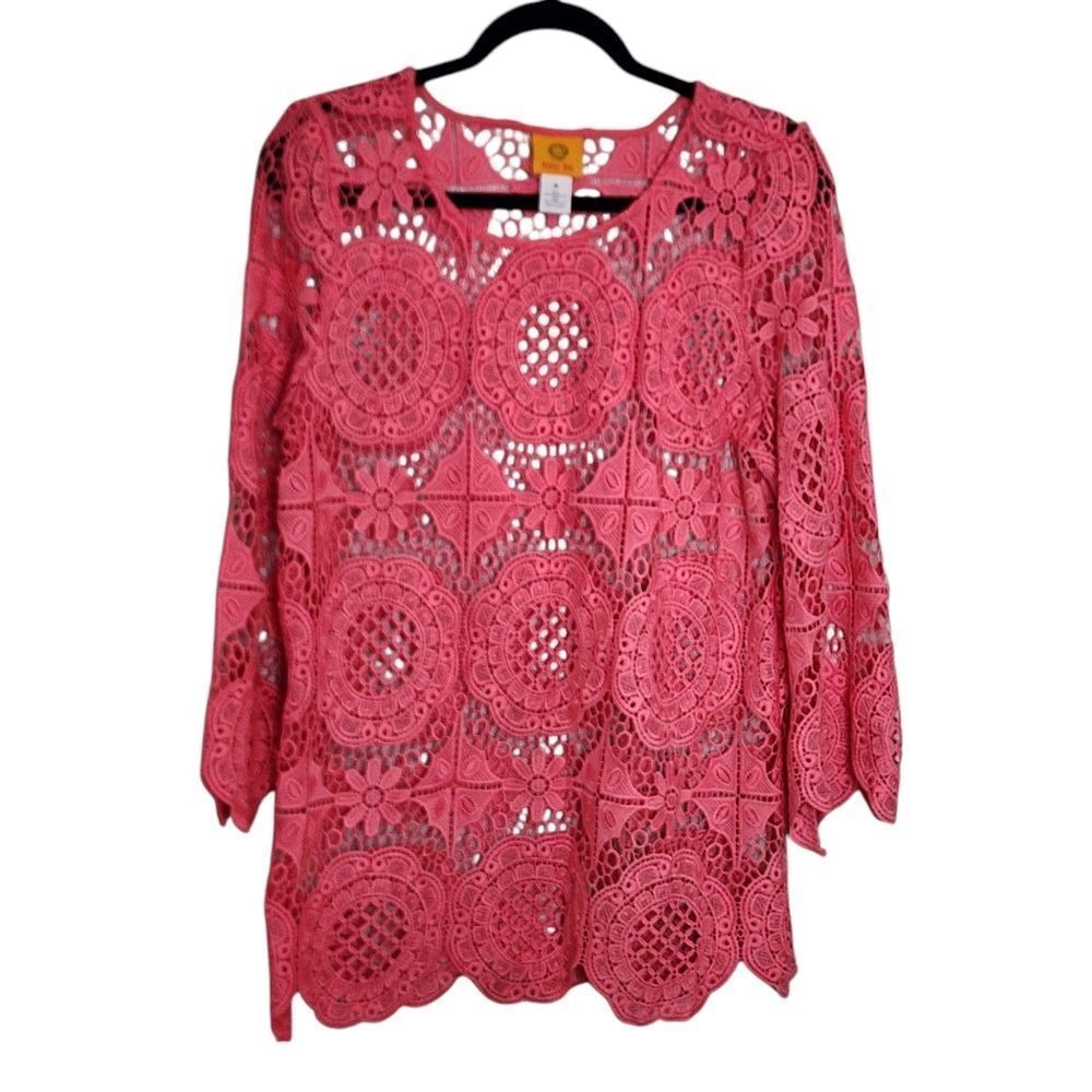Ruby Rd. Top Coral Pink Fully Crocheted Lace Boho Western Beachy M